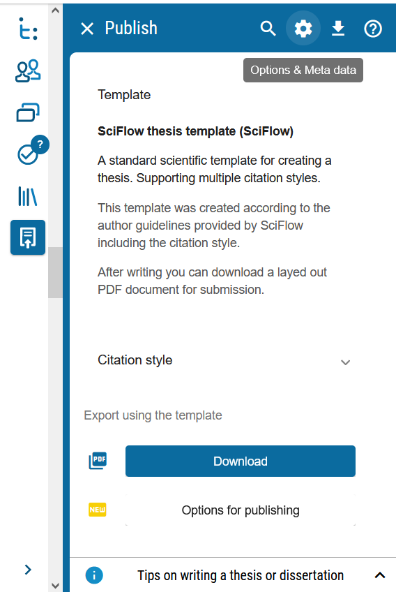 New option menu for thesis setting and meta data